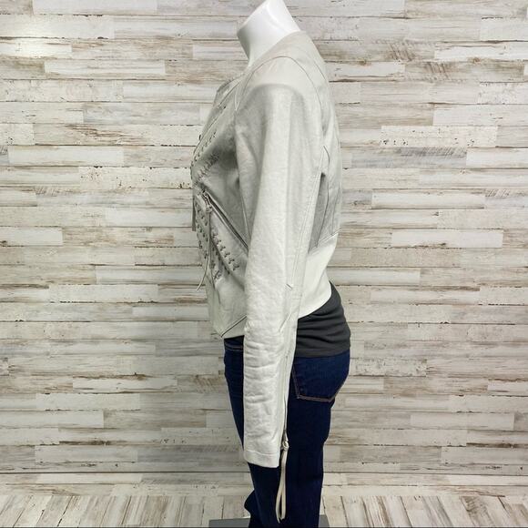 BlankNYC Moto Faux Leather Jacket Womens Size M Gray Lacing Fringe Zip Front - Picture 7 of 16